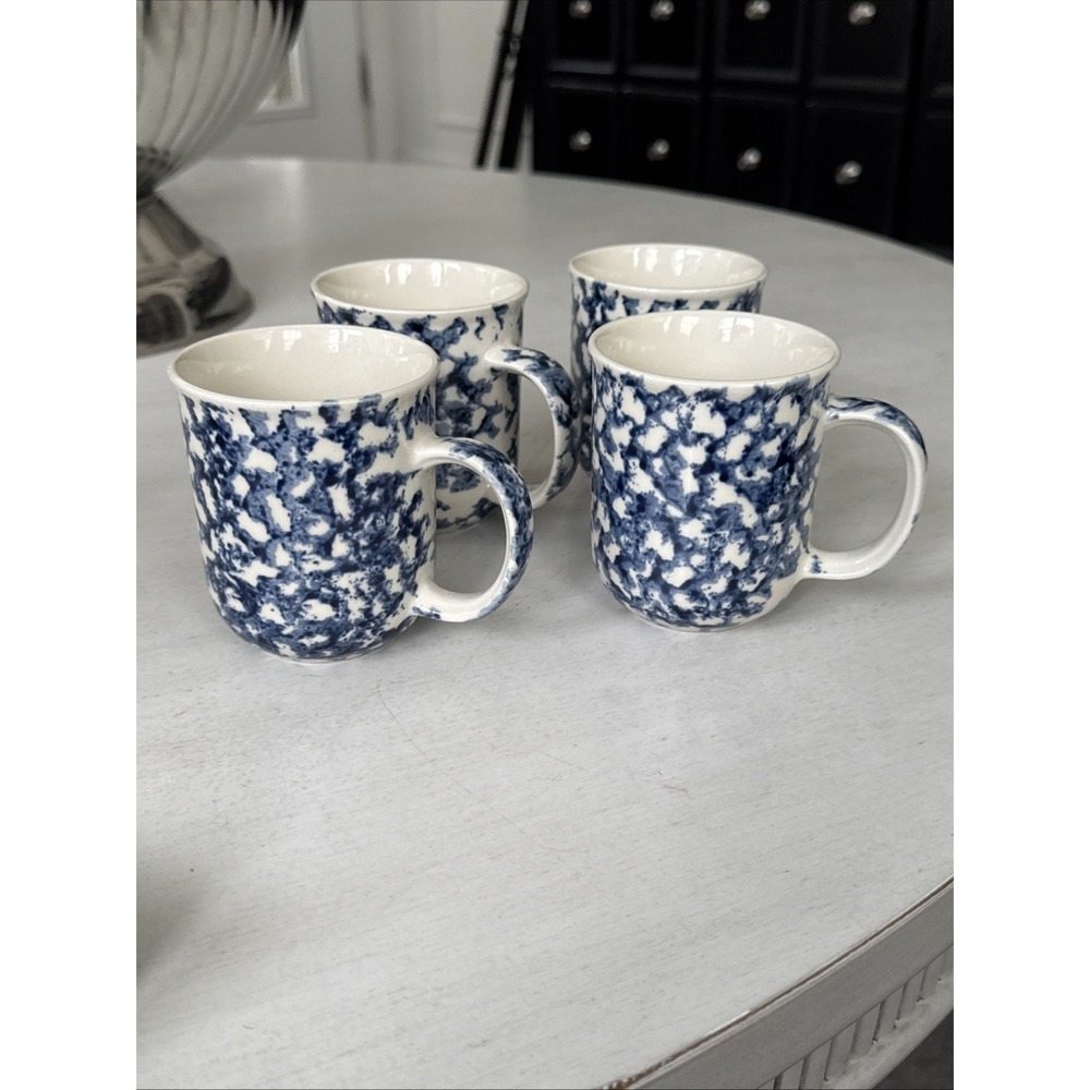 Tienshan Folk Craft Hearts Blue Sponge Ware Coffee Mugs Cups Set Of 4